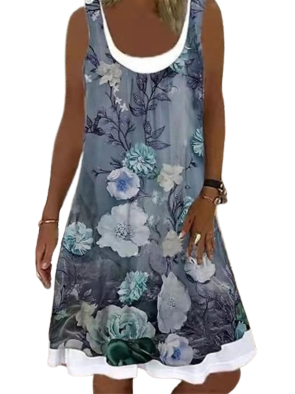 Loose Sleeveless Floral Fake two piece U Neck Casual Dress For Womens
