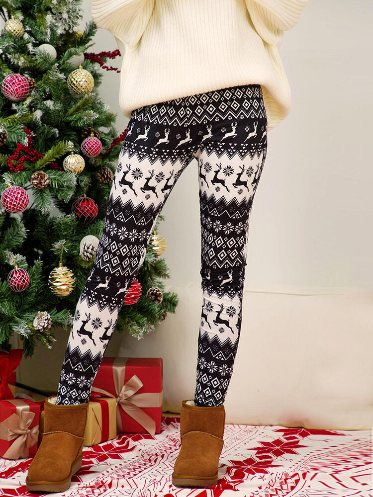 Women Christmas Style Print Elastic Waist Slim Home Ethic Style Sleep Bottoms