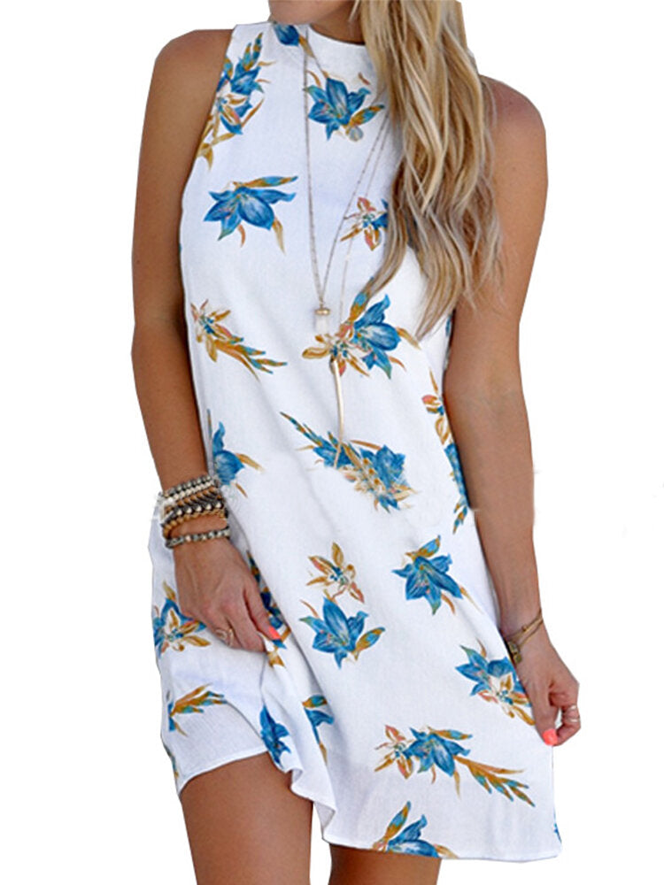 Floral Print Sleeveless Crew Neck Summer Mini Dress