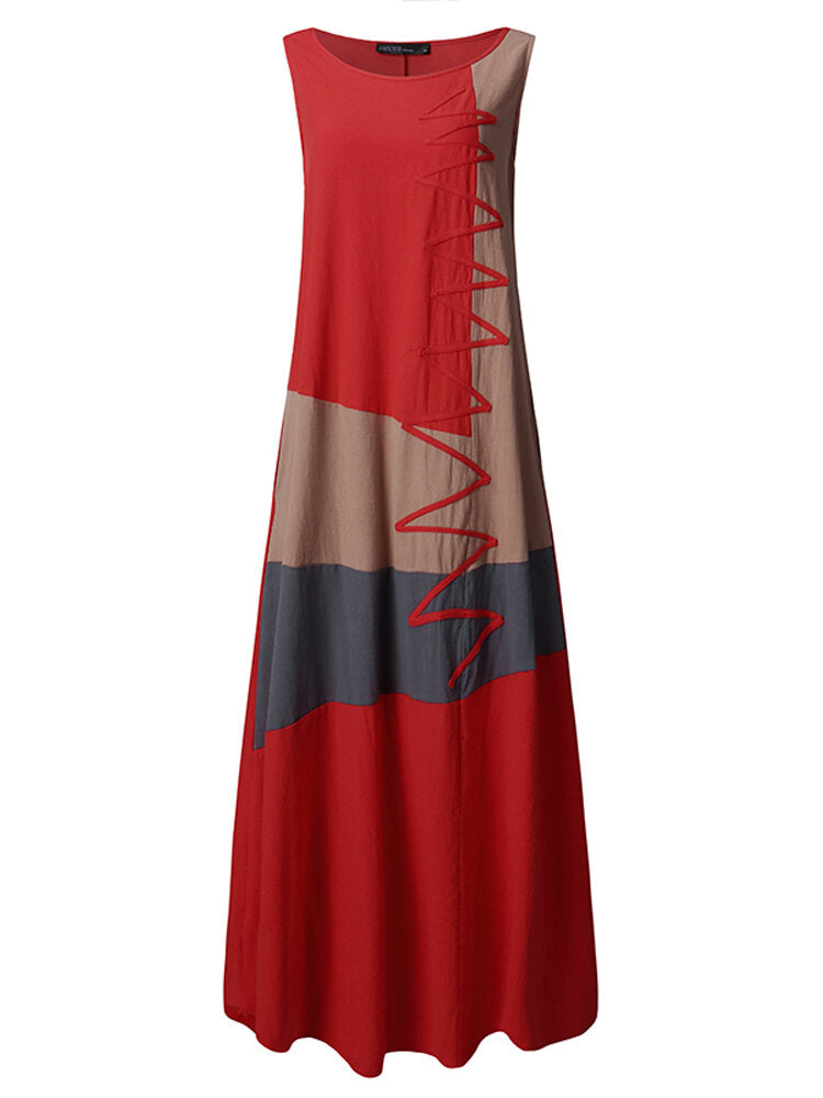 Sleeveless Patchwork O-neck Side Pocket Casual Long Maxi Dress