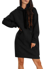 Women Hooded Collared Knee Length Front Pocket Casual Midi Dresses