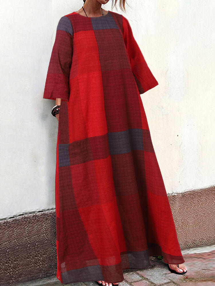 Women Plaid Printing Crew Neck 3/4 Sleeve Daily Loose Casual Maxi Dress