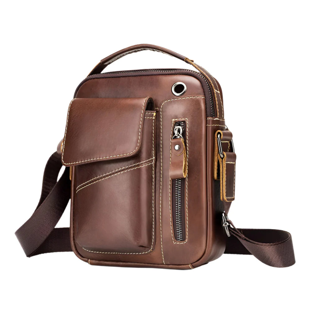 Men's Vintage Leather Crossbody Bag with Headphone Port & Multi-Pockets