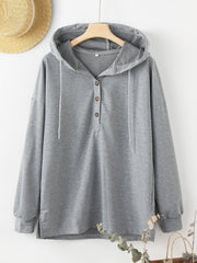 Women Solid Color Half Button Front Drop Shoulder Hoodie