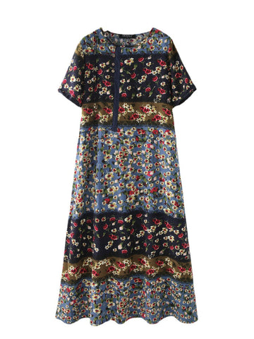 Bohemia Vintage Floral Printed Short Sleeve Button Maxi Dress with Pockets
