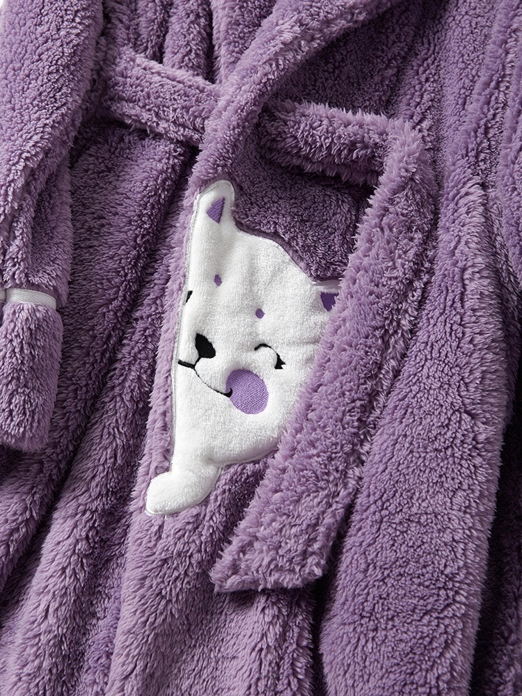Women Cute Cartoon Cat Pattern Thicken Warm Plush Fluffy Home Sleepwear Robes With Pocket