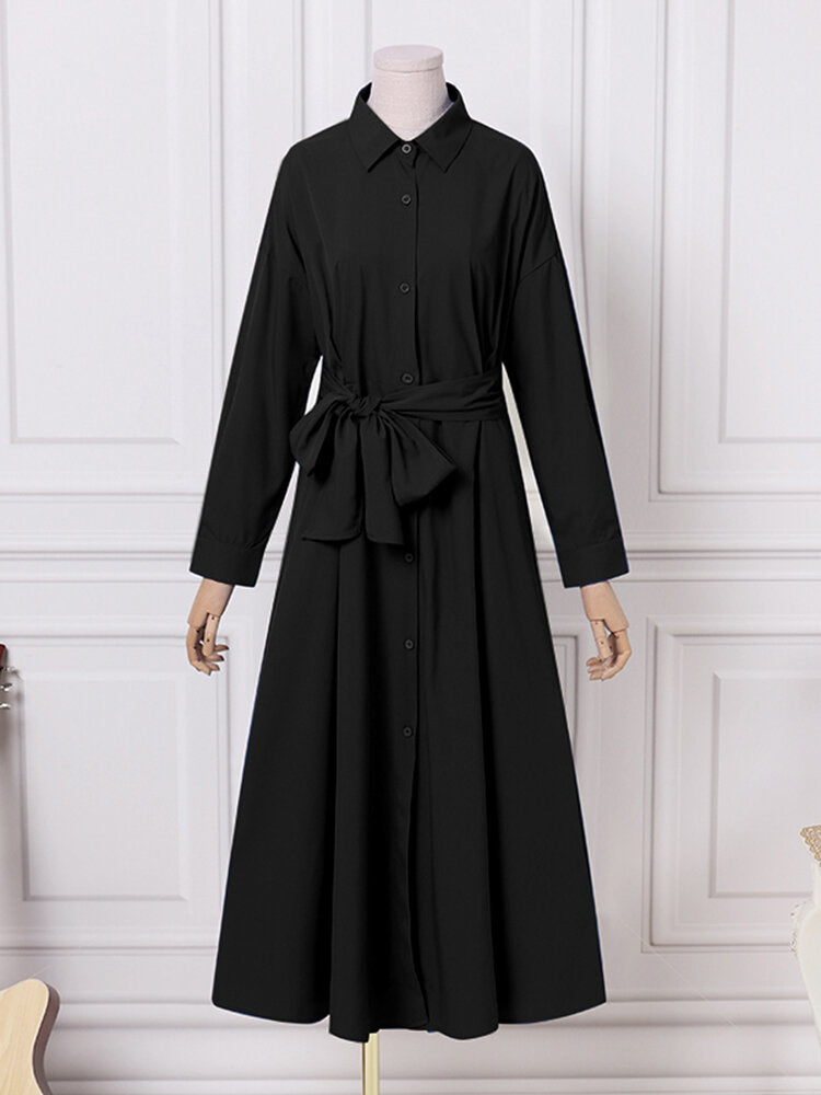 Women Solid Puff Sleeve Pleats Long Sleeve Loose Maxi Dresses