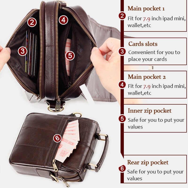 Men Vintage Cowhide Double Zipper Pocket Large Capacity Crossbody Bag Outdoor Travel Multifunction Shoulder