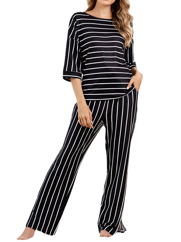 Women Stripe Print Round Neck Tops Pocket Pants Home Two Picece Pajama Set