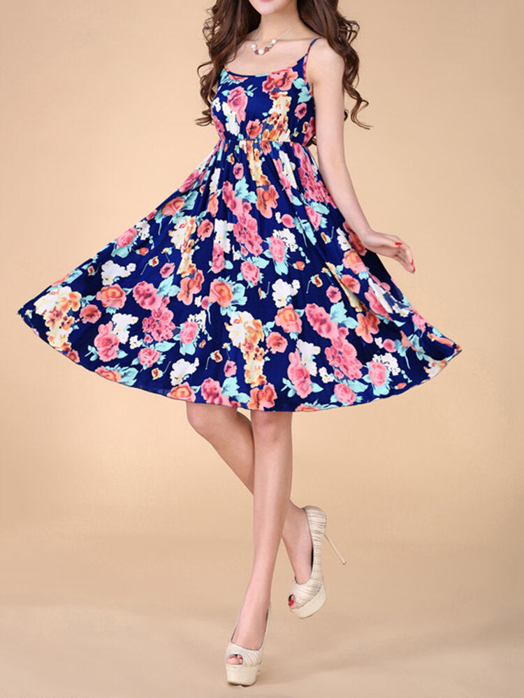 Bohemian Women Strap Flower Pattern Printing Beach A-line Dress