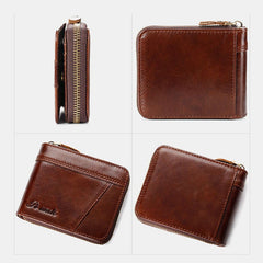 Men Genuine Leather Retro RFID Blocking Zipper Coin Bag Card Holder Wallet