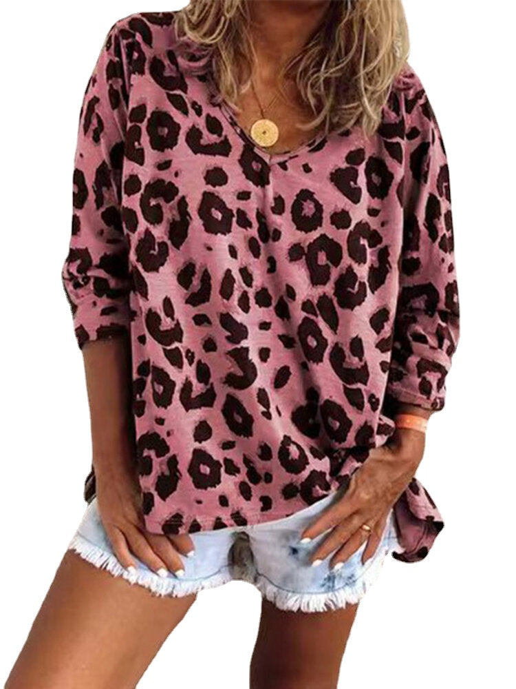 Women Classic Leopard Print V-Neck Long Sleeve Loose Blouses