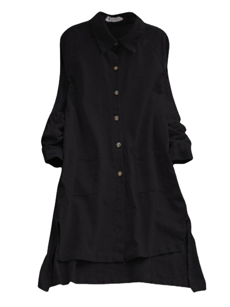 Solid High-low Button Front Pocket Lapel Shirt