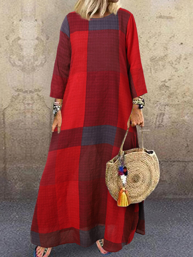 Women Plaid Printing Crew Neck 3/4 Sleeve Daily Loose Casual Maxi Dress