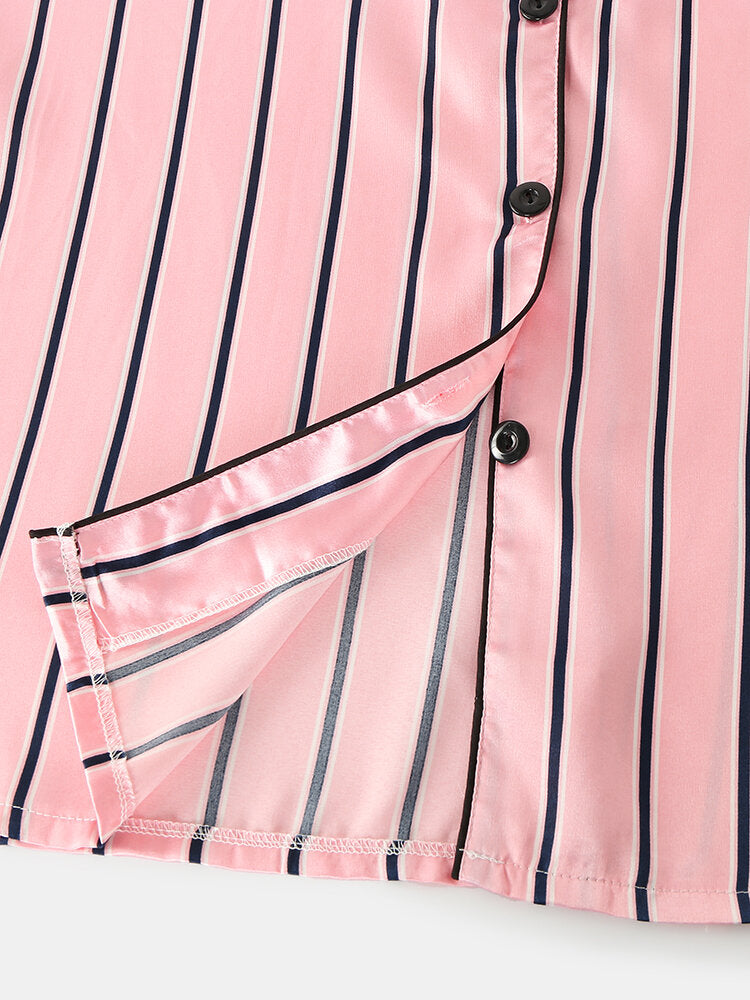 Women Pink Stripe Print Camp Collar Long Sleeve Home Casual Faux Silk Pajama Sets