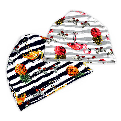 Vintage Womens Cotton Stripe Print Dual-Use Beanie Hat Scarf Double Layers Chemo Cap