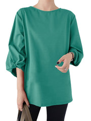 Solid Crew Neck Loose 3/4 Sleeve Casual Blouse