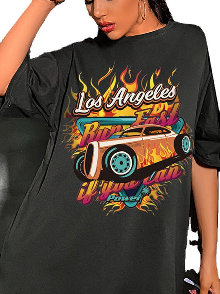 Plus Size Women Letter Car Flame Graphic Stylish Relaxed Short Sleeve T-Shirts