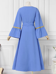 Women Long Sleeve Loose Flare Sleeve Spliced Solid Geometric Maxi Length Midi Dresses