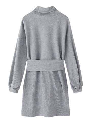Women Grey High Neck Ribbed Sashes Midi Dress