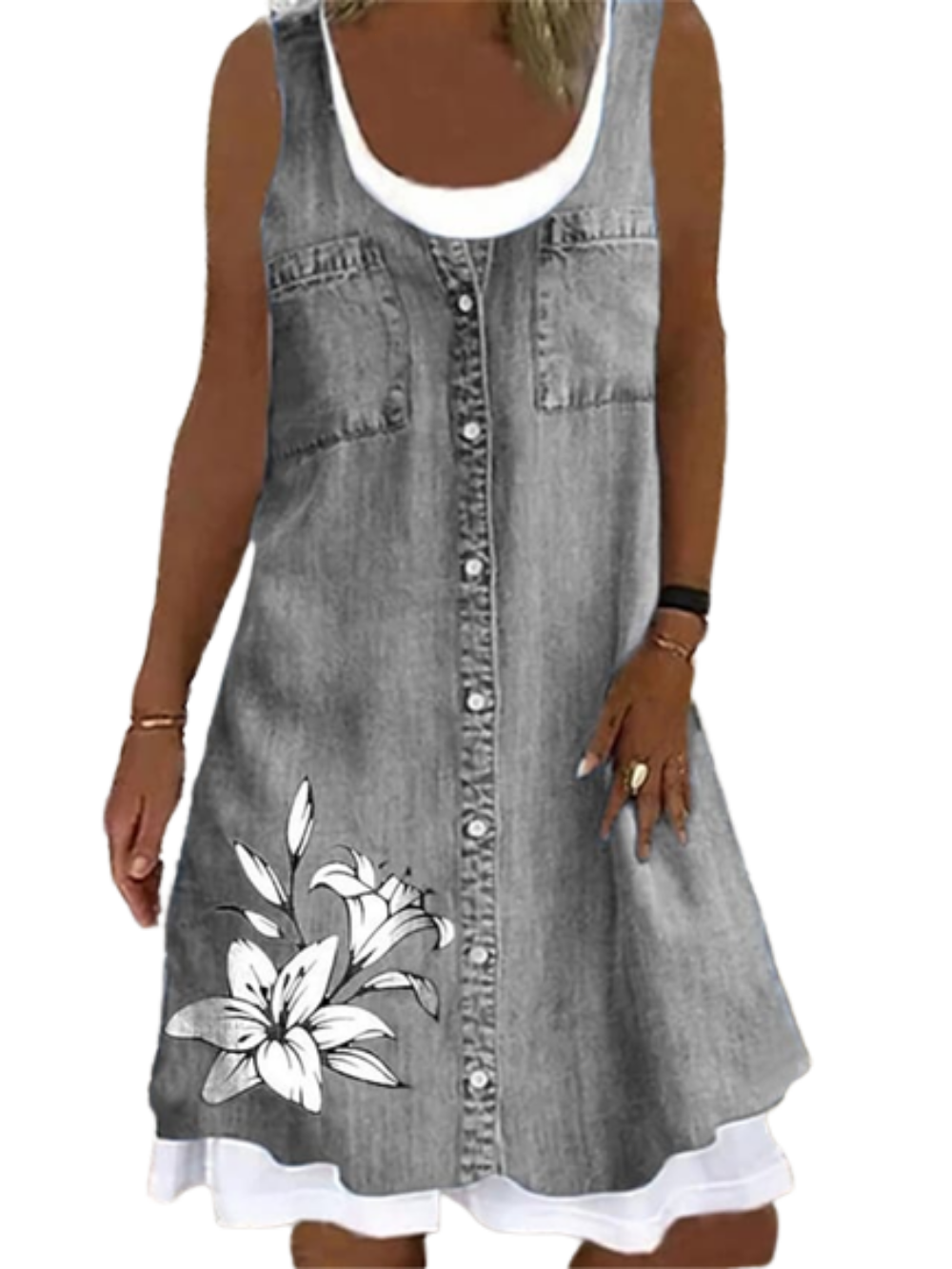 Women's Sleeveless Print Button Round Neck Casual Denim Color Dress