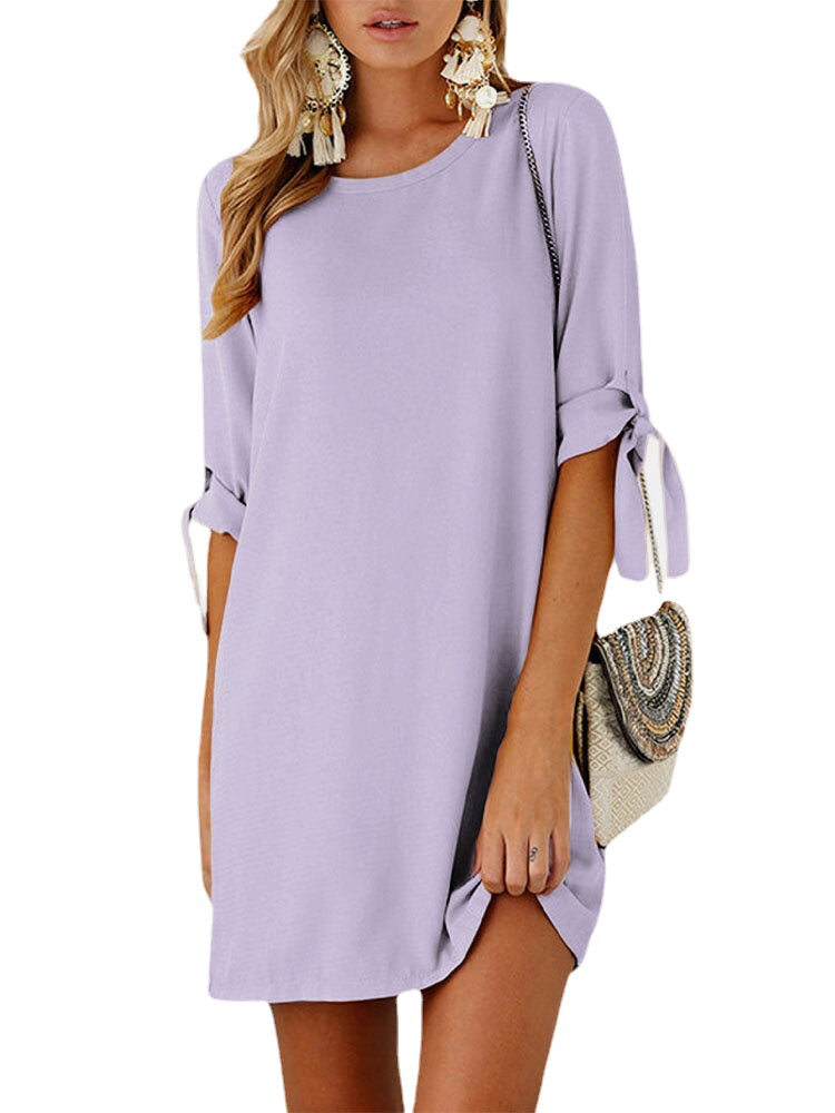 Solid Tie-Up At Cuffs Round Neck Half Sleeve Casual Dress