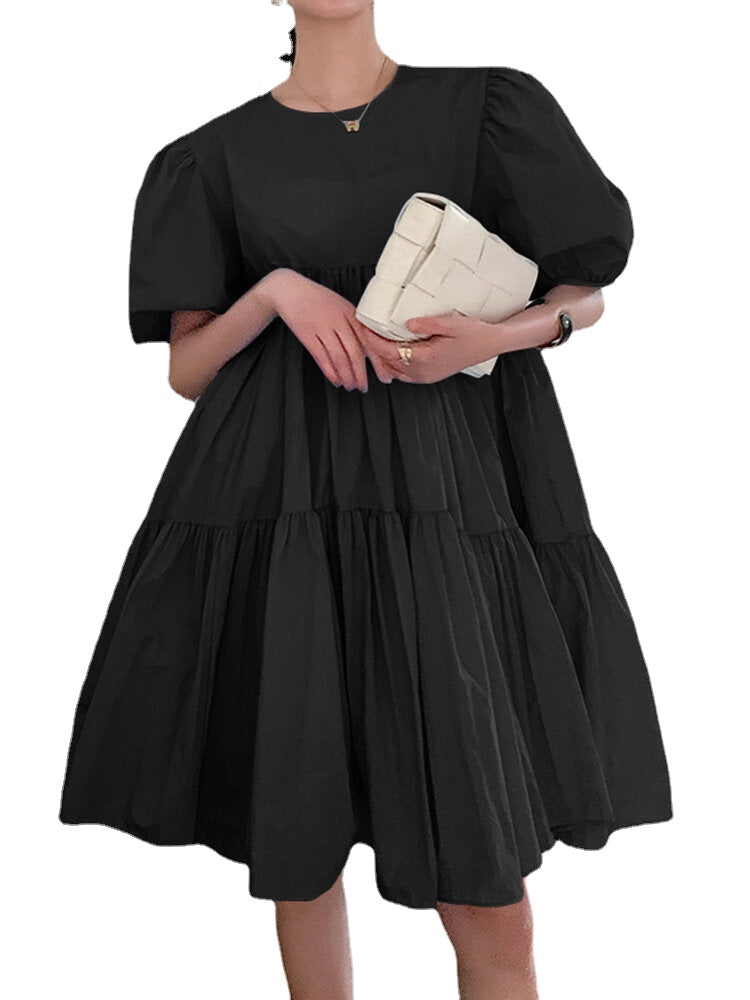 Puff Sleeve Leisure Pleating Solid Summer Dress For Women