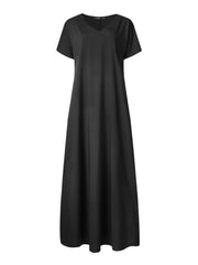 Women Brief Style Solid Color V-Neck Short Sleeve Elegant Maxi Dress With Pockets