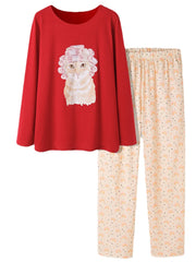Plus Size Women Cute Cat Rainbow Print Long Sleeve Loose Pants Home Lounge Pajamas Sets