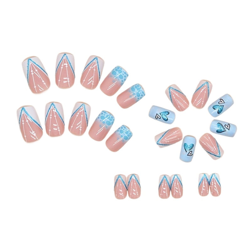 24pcs Blue Glitter Heart French Square Press On Nails - Glossy Acrylic Full Cover False Nails for Women