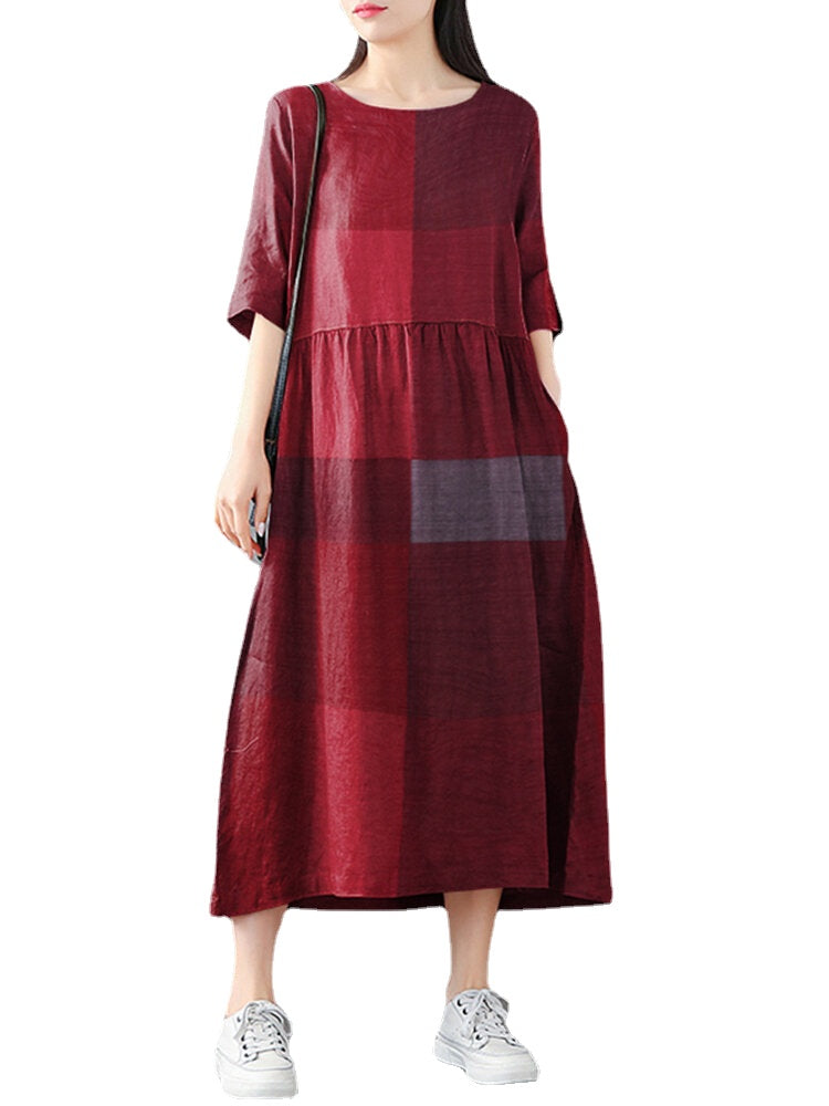 Women Plaid Print Round Neck Half Sleeve Casual Maxi Dresses With Pocket