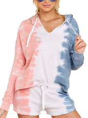 Women Design Tie Dye Hooded Long Sleeve Drawstring Simple Home Pajama Set