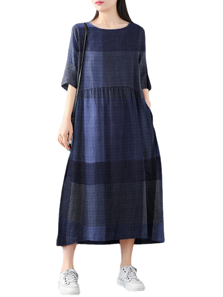 Women Plaid Print Round Neck Half Sleeve Casual Maxi Dresses With Pocket