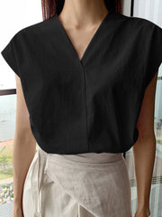 Solid V Neck Short Sleeve Casual Blouse