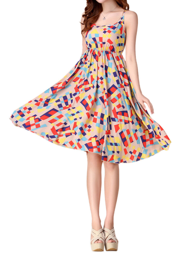 Bohemian Women Strap Flower Pattern Printing Beach A-line Dress