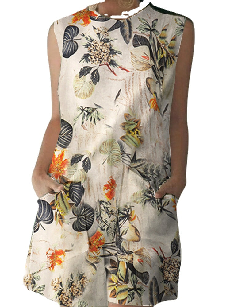 Cotton Plant Print Pocket Sleeveless Casual Print Dress
