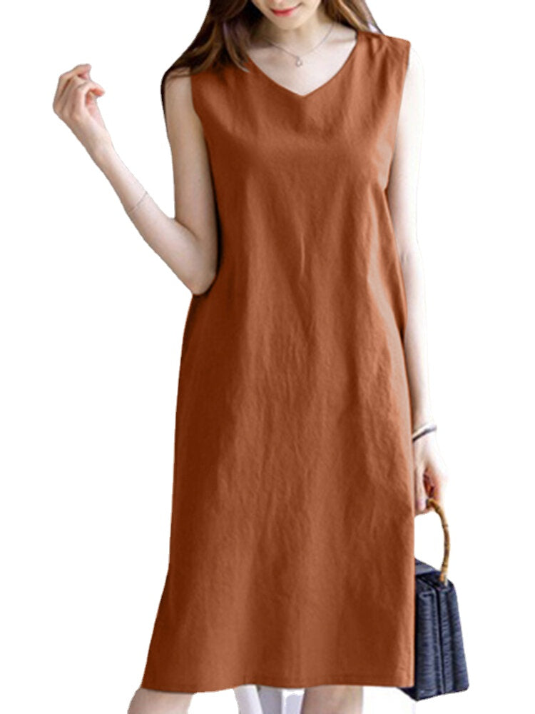 Leisure Solid Slit Hem V Neck Sleeveless Cotton Midi Dress