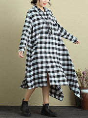 M-5XL Casual Loose Plaid Long Sleeve Lapel Irregular Dress For Women