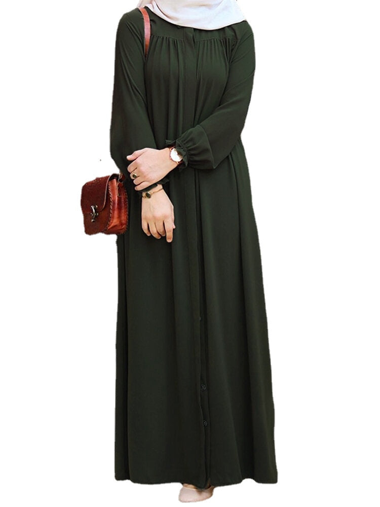 Women Solid Color Pleated Puff Sleeve Robe Vintage Maxi Dress