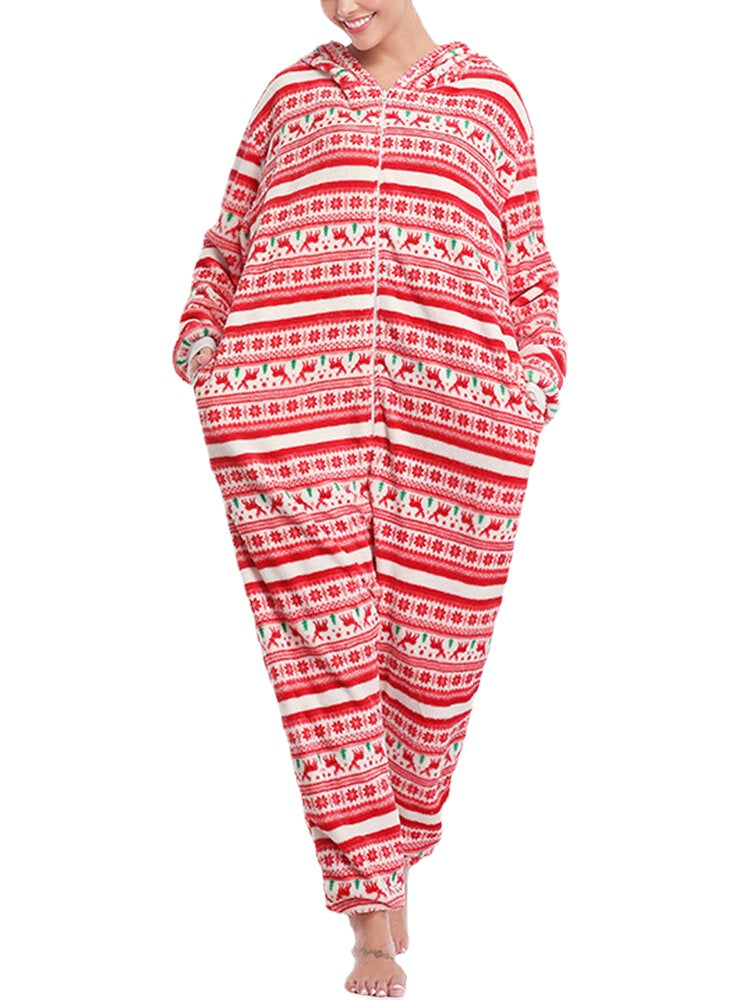 Women's Christmas Elk Print Hooded Jumpsuit with Pockets - Cozy One-Piece