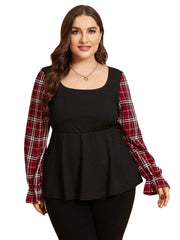 Plus Size Square Neck Plaid Patchwork Design Long Sleeves Tee