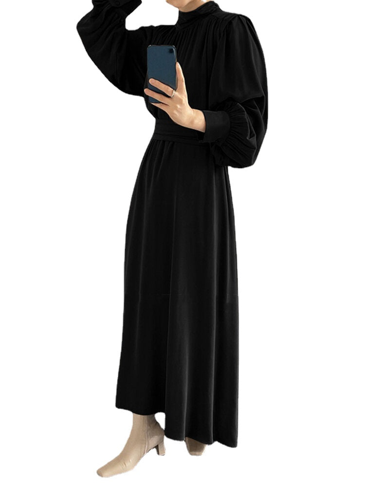 Solid Long Sleeve High Neck Pleated Casual Maxi Dress