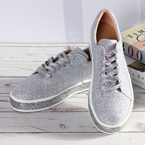 Women Spring Sequin Glitter Bling Sneakers Casual Lace Up Flats Casual Platform Shoes