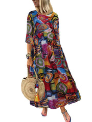 Women Retro Graffiti Print Round Neck Pleated Casual Maxi Dresses