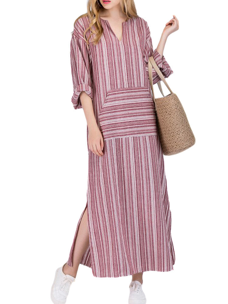 Women Casual Stripe V-neck Big Pocket Long Maxi Dress