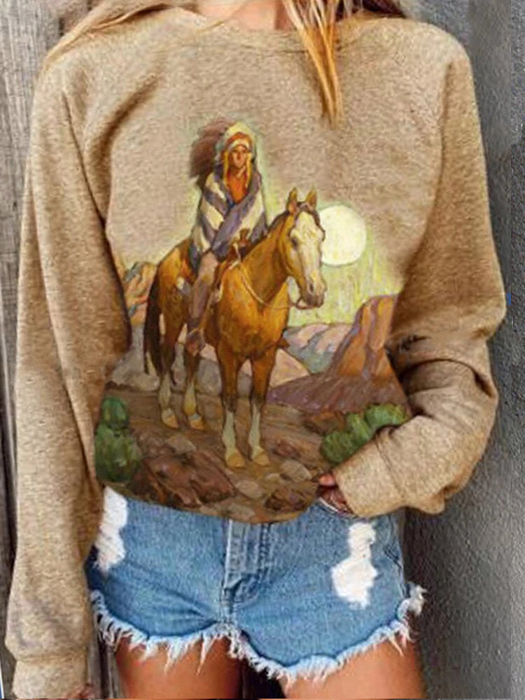 Women Vintage Painting Print Round Neck Casual Raglan Sleeve Pullover Sweatshirts