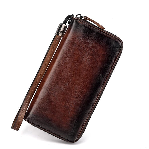 Men Genuine Leather Long Zipper Phone bag Wallet