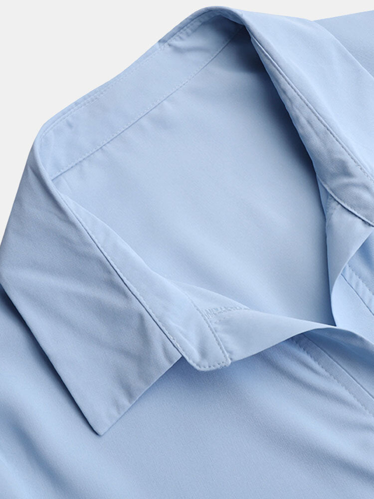 Pure Color Turn-down Collar Long Sleeve Button Irregular Hem Shirt Dress