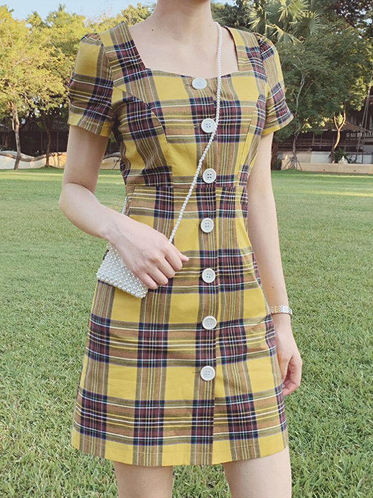 Plaid Square Neck Streetwear Holiday Women Dress