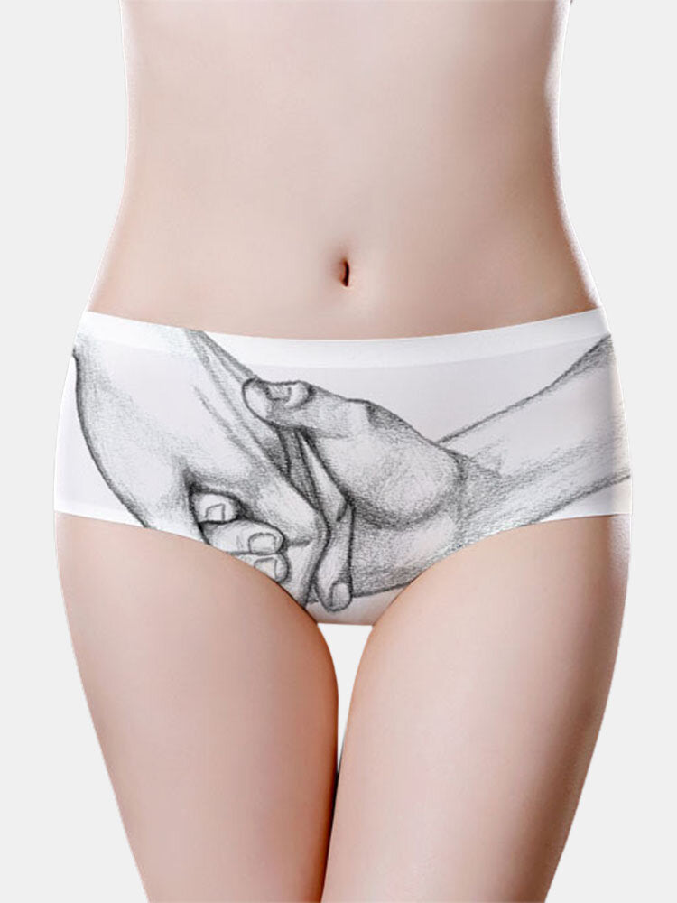 Women Cotton Breathable Hold Hands Print Full Hip Mid Waist Panty